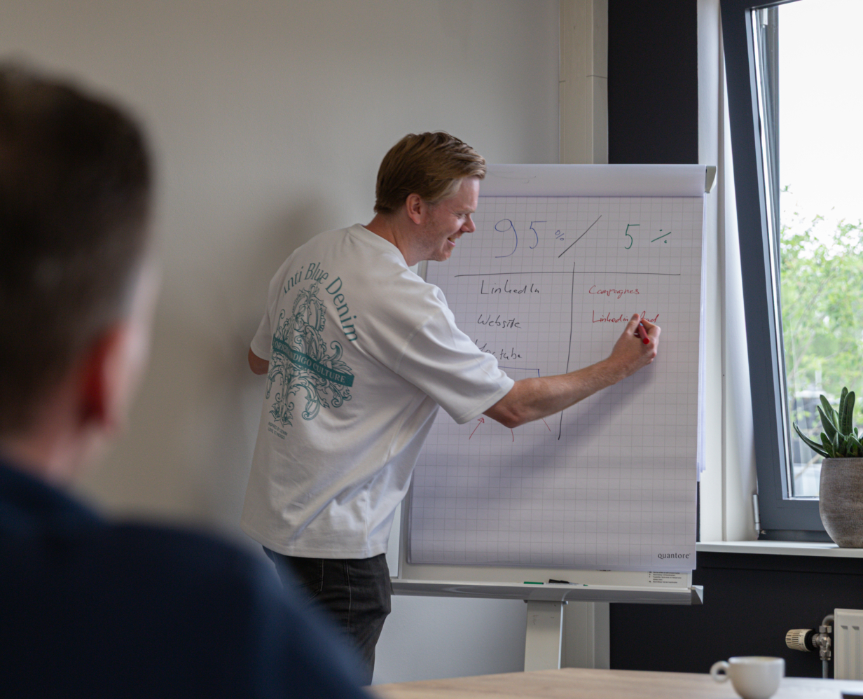 Online marketing adviseur Gijs tekent iets uit op een flipover